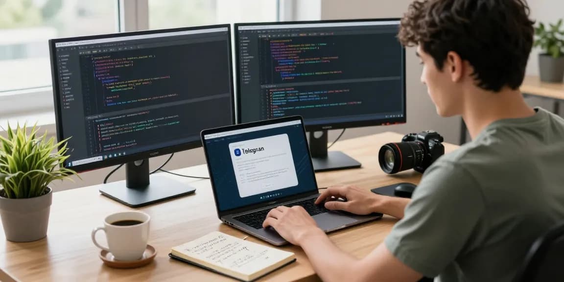 Setting up Telegram Chinese interface in a modern tech workspace with dual monitors.