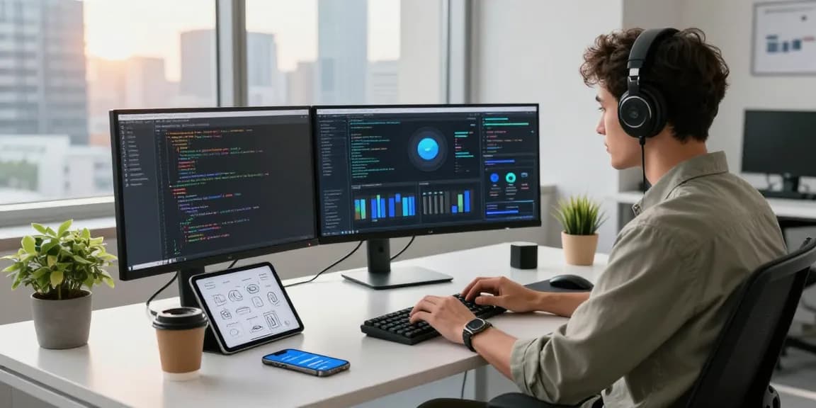 Developer in vibrant tech workspace coding crush ai software, with monitors and gadgets.