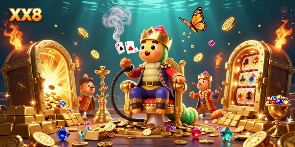 Experience exciting gameplay with the XX8 casino scene featuring treasures and poker-themed elements.