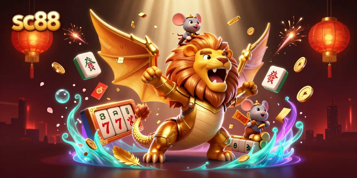 Experience the excitement of sc88 with a golden armored chimera and dynamic casino elements like slot reels and lucky symbols.