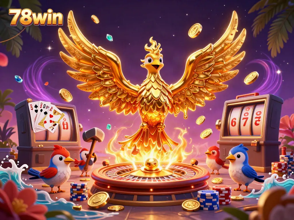 Experience 78win's online casino adventure with a molten golden phoenix, coins, and vibrant slot machines.