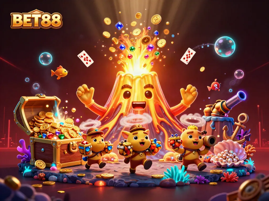 BET88 chơi game với kho báu sáng lấp lánh từ núi lửa bằng vàng và những con thú nhỏ.
