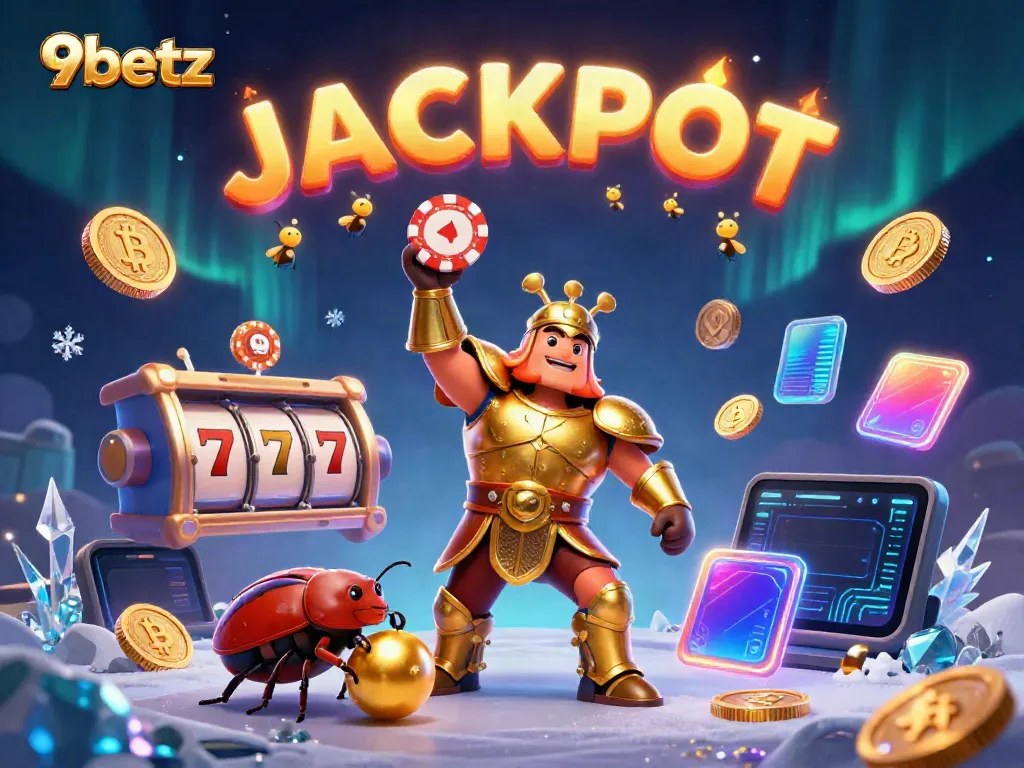 Engage in thrilling jackpots at 9betz with a vibrant scene featuring gaming characters and crypto elements.