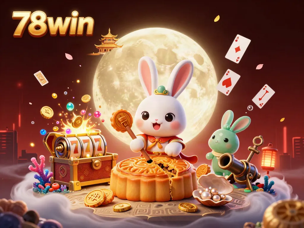 Experience wins at 78win with a 3D moon rabbit and vibrant red casino theme, highlighting poker chips