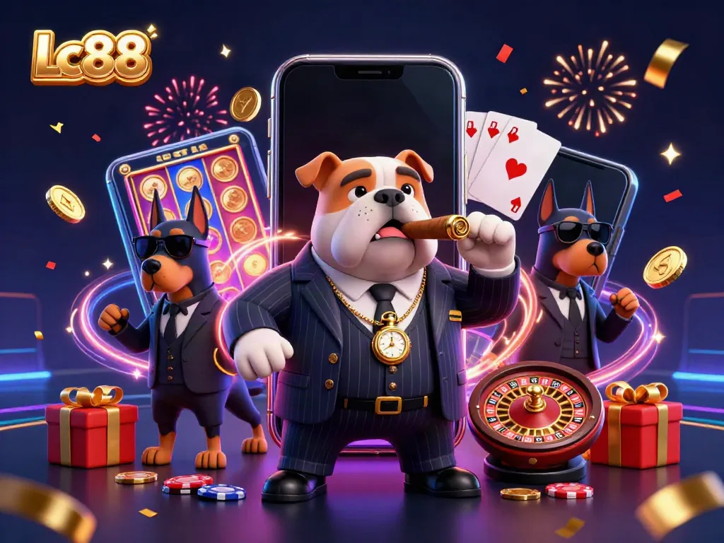 Experience thrilling gaming action with Lc88 as the mafia boss and his bodyguards show excitement amidst a festive casino atmosphere.