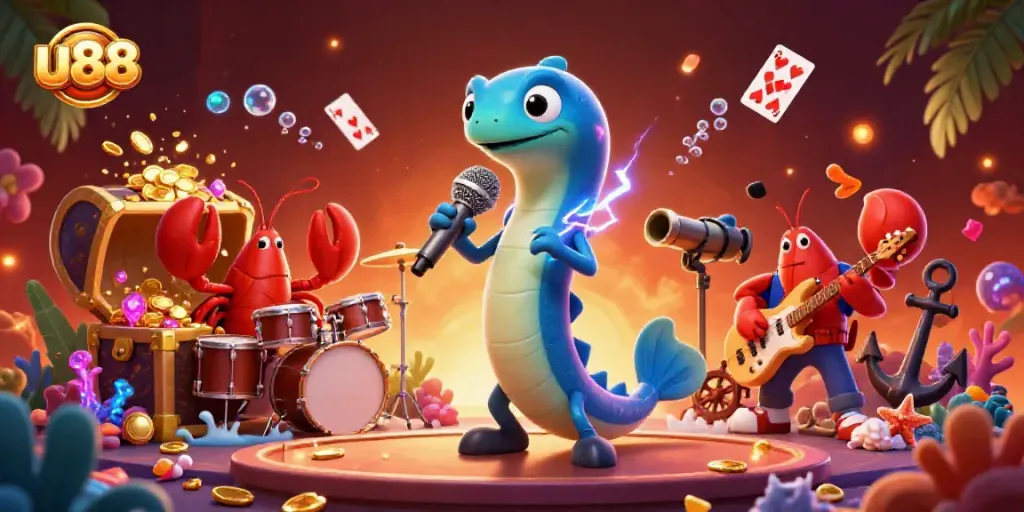 Join the excitement at u88 with this vibrant underwater casino scene featuring unique casino elements and characters.