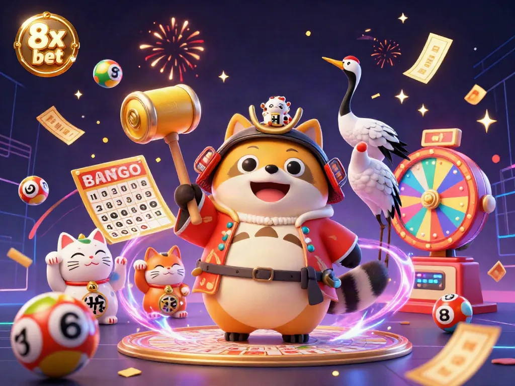 Experience the excitement of 8x bet with vibrant lottery elements and cheerful characters in a festive celebration.