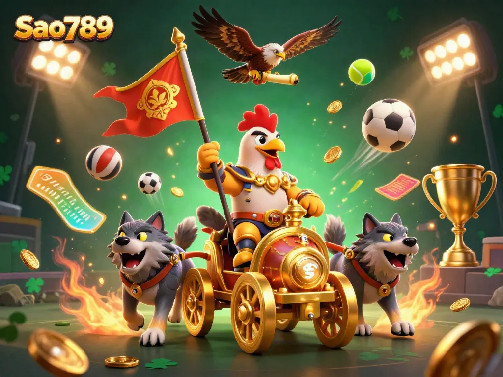 Sao789 showcases a 3D rooster warlord riding a golden chariot amidst dynamic sports betting elements.