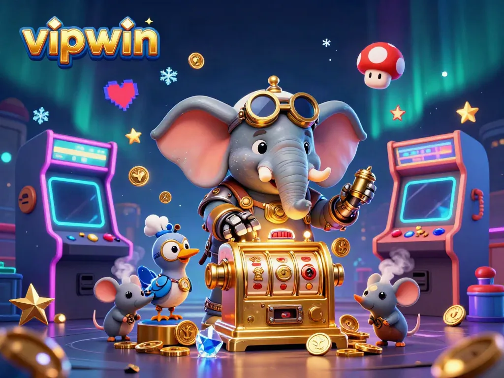 Experience exhilarating gameplay with vipwin as a steampunk elephant operates a vibrant slot machine.