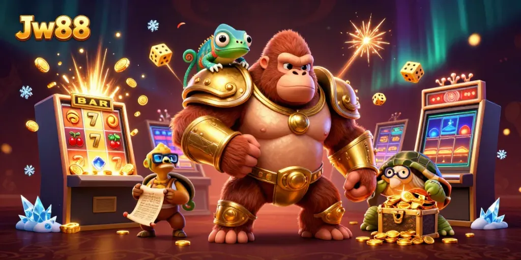 Engage with Jw88 through a dynamic casino scene featuring a gorilla king and vibrant elements.