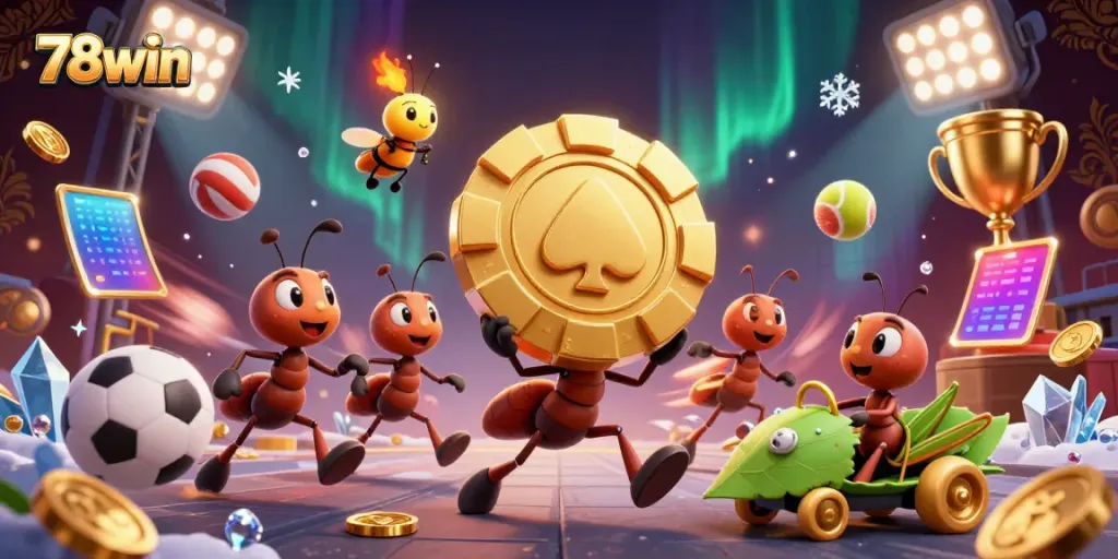 Engage in thrilling action at 78win with ants heisting a massive poker chip amidst a vibrant casino scene.