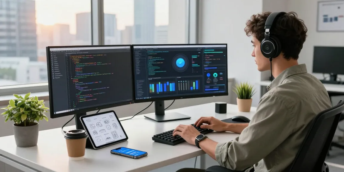 Developer in vibrant tech workspace coding crush ai software, with monitors and gadgets.