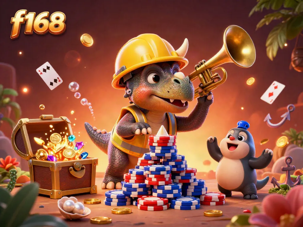 Build a winning pyramid of poker chips with f168 while celebrating with colorful gambling elements.