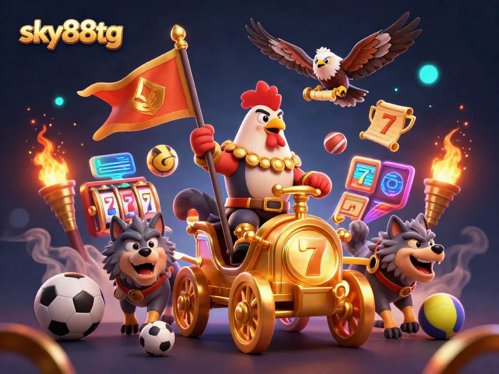Engage with thrilling sports and casino action in a vibrant sky88tg themed illustration.
