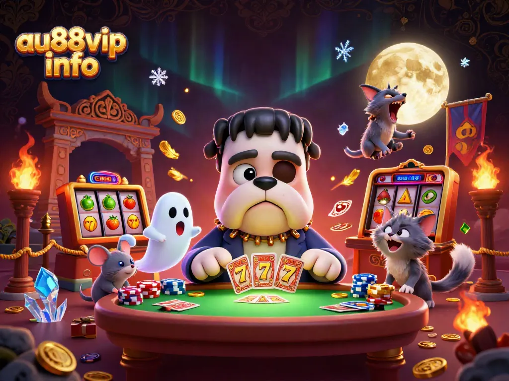 Experience thrilling gaming at au88vip info with a spooky Frankenstein bulldog dealing cards amidst a dynamic casino scene.