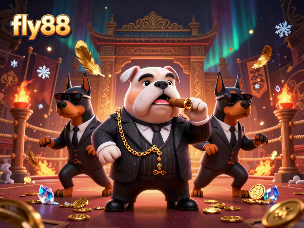 Bet on fly88 in a vibrant casino scene with a bulldog mafia boss and Doberman bodyguards.