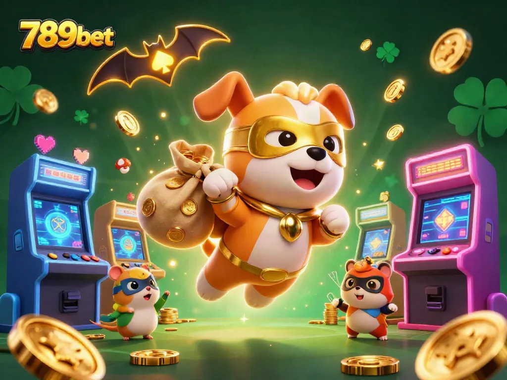 Join the excitement at 789bet, where a superhero dog rescues coins amidst a vibrant casino scene!