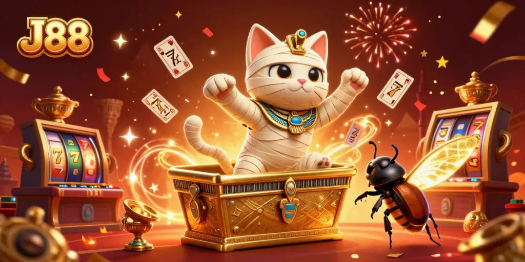 Experience the thrill of winning at J88 with our vibrant casino scene, featuring a lively mummy cat and fun gaming elements.
