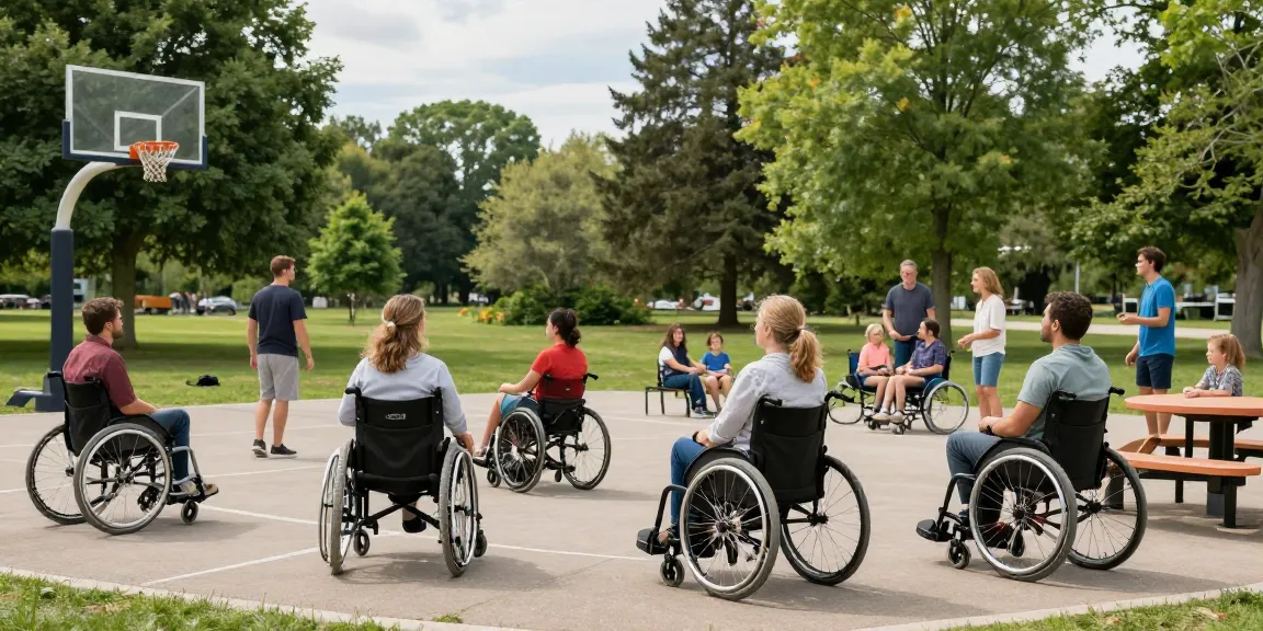 Individuals using wheelchairs in a vibrant park setting, showcasing mobility device diversity and community engagement.