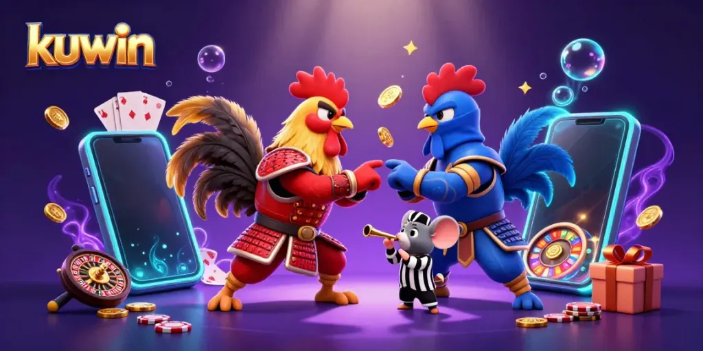 Kuwin's thrilling casino adventure with rooster fighters and colorful slot games illustrated in 3D art.