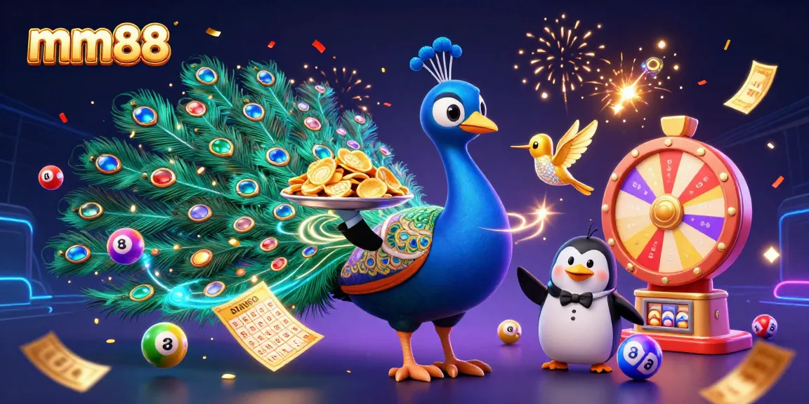 Engage with mm88's thrilling world of lottery and games featuring a lavish peacock, butler, and hummingbird.