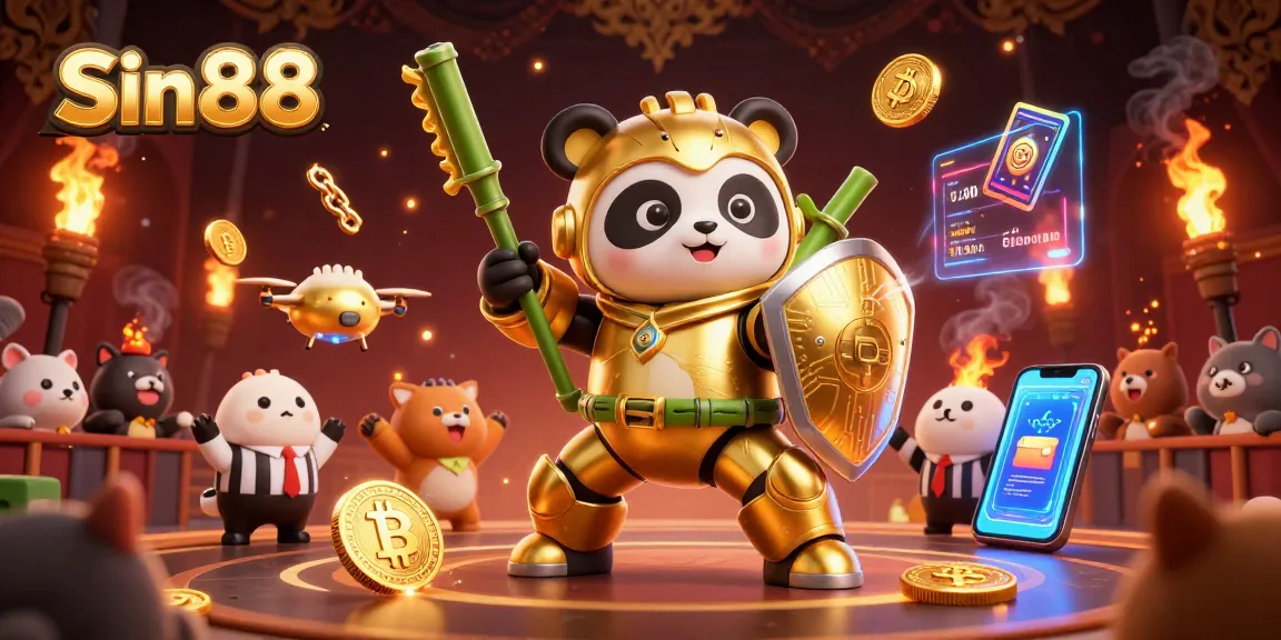 Experience Sin88's thrilling gaming scene with a golden panda robot and crypto elements.