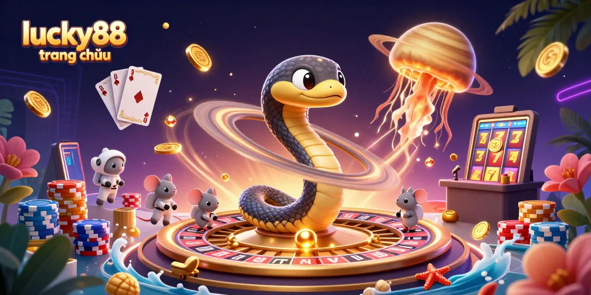 Experience lucky88 trang chủ with a vibrant 3D illustration showcasing lively casino elements and unique characters.