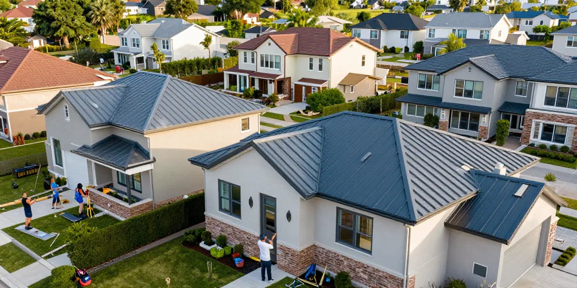 Completed metal roofing projects in a residential neighborhood with diverse home styles and community engagement.