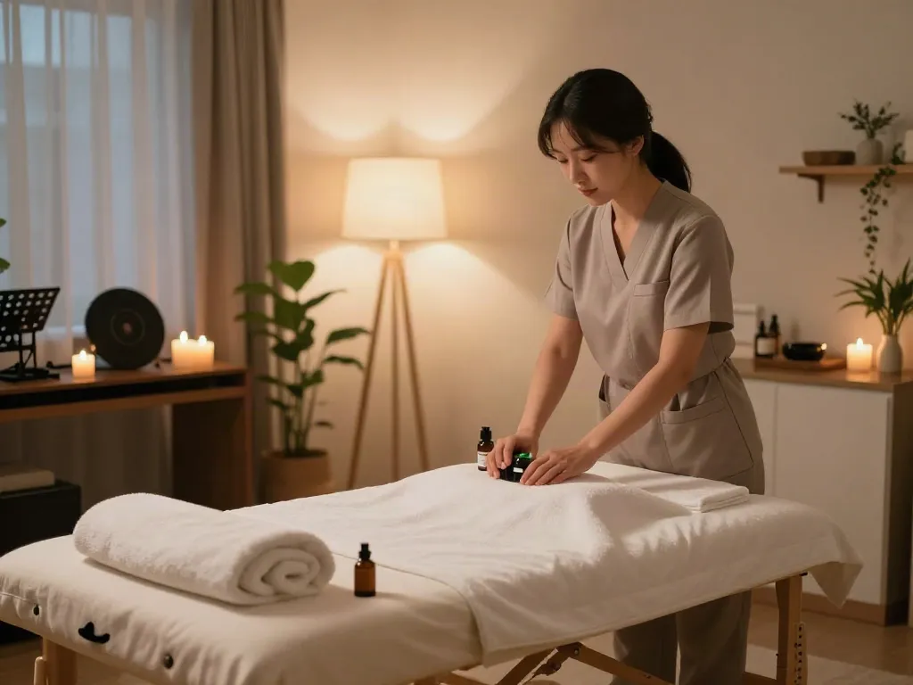 강남출장마사지 session in a luxurious home spa setting with soothing ambiance.