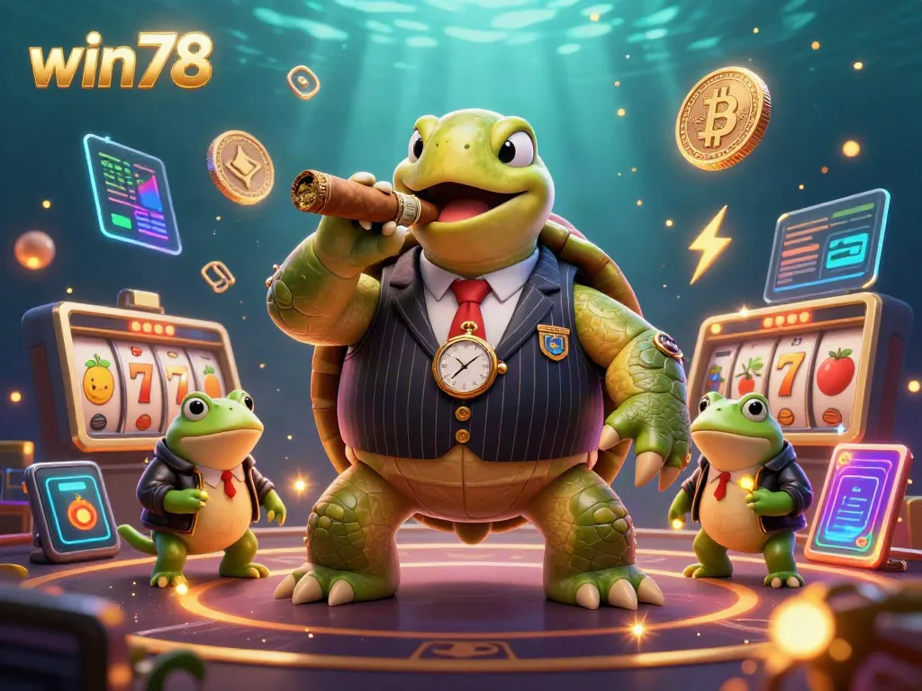 Engage in thrilling gameplay with win78, featuring a snapping turtle mobster and bullfrog enforcers amidst vibrant slots.