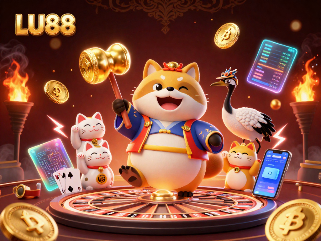 LU88 offers exciting gaming experiences with a cheerful tanuki and vibrant casino elements.