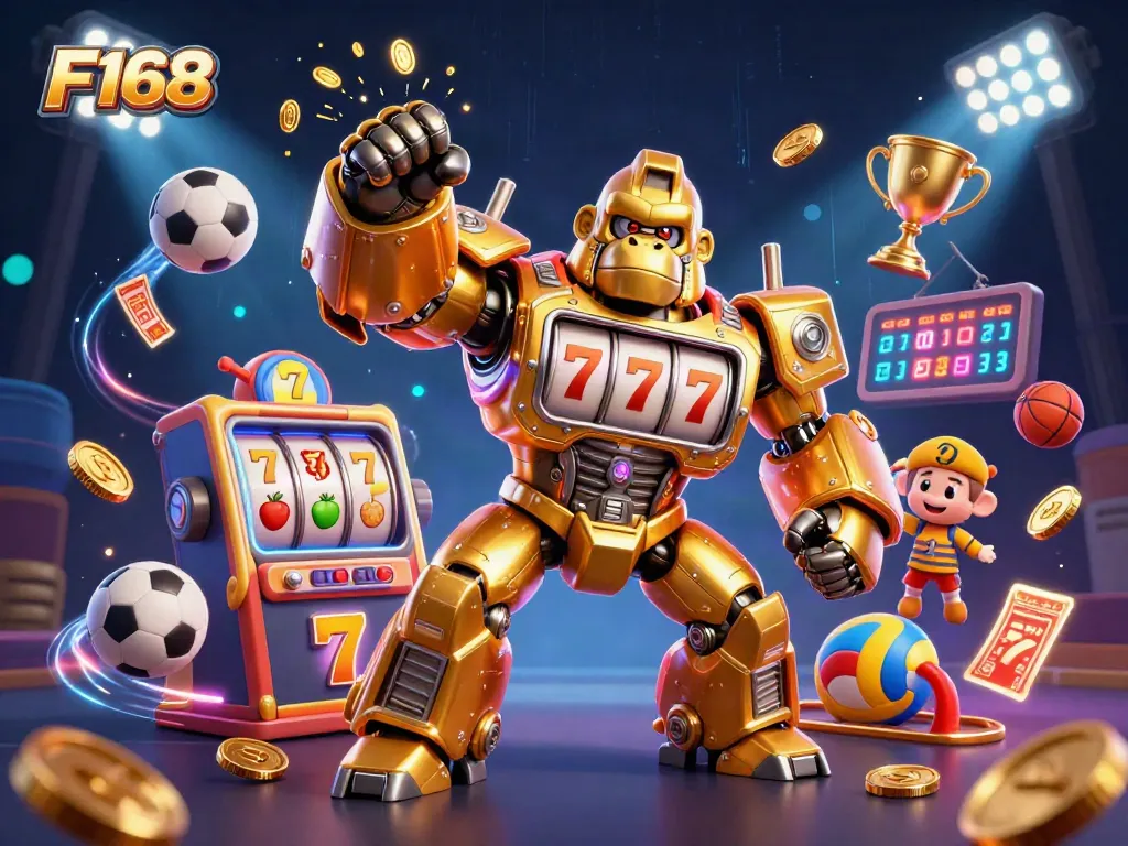 F168's golden gorilla mech breaks the jackpot with explosive coins, showcasing dynamic casino energy.