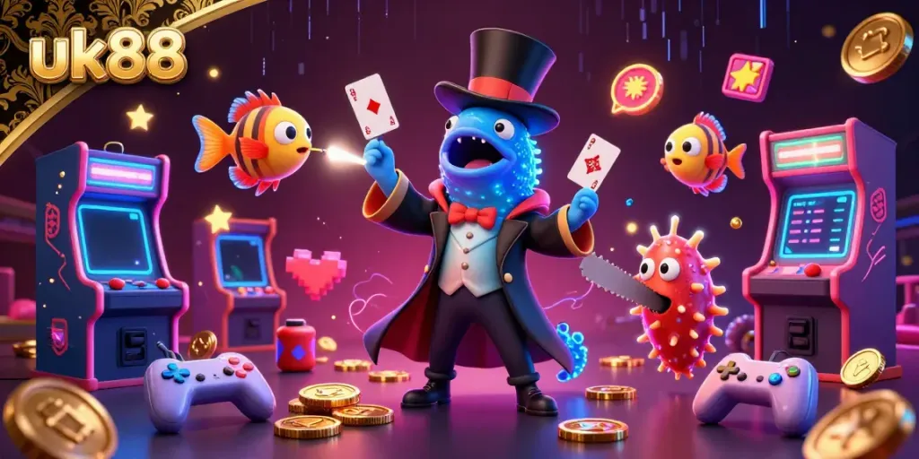 Experience the vibrant magic of uk88 with animated sea creatures showcasing casino gaming in a colorful underwater scene.