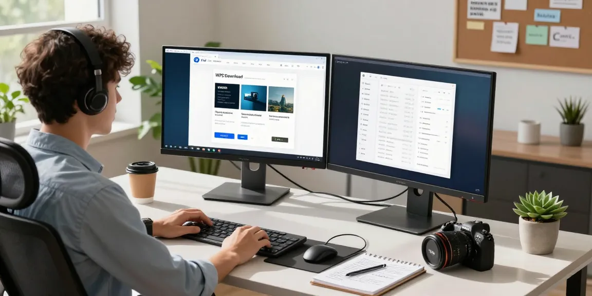 Professional workspace showcasing WPS Download page on dual screens with productivity tools.