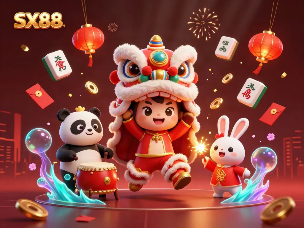 Experience the lively SX88 online casino atmosphere filled with vibrant characters and festive decorations.