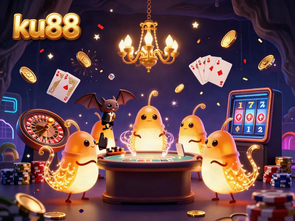 Experience thrilling gameplay at ku88 with dynamic casino illustrations featuring glowing characters and exciting gaming elements.