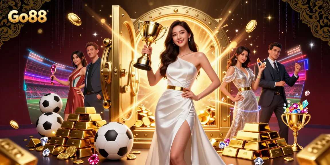 Experience the thrill of Go88 with a stunning Asian woman in a luxurious gown celebrating with a trophy amidst golden treasures and sports elements.