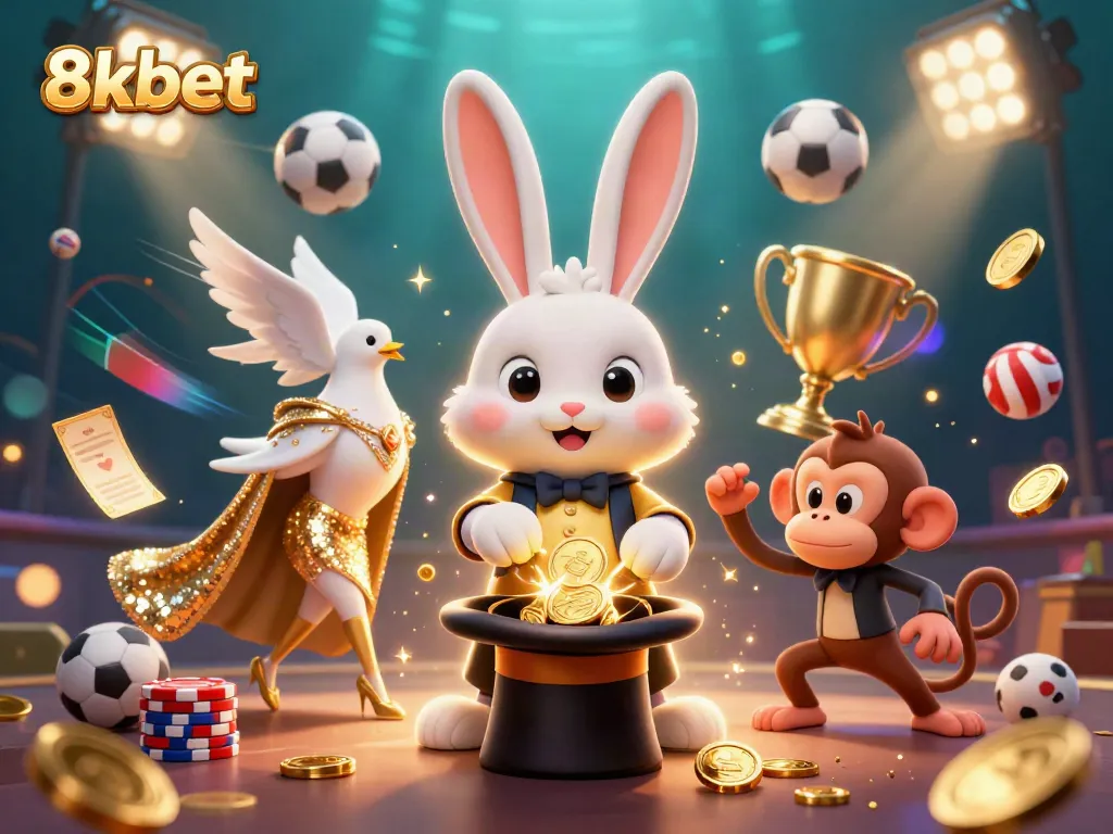 Engage in thrilling gameplay at 8xbet, featuring a magician rabbit, dove, and monkey amidst vibrant casino elements.
