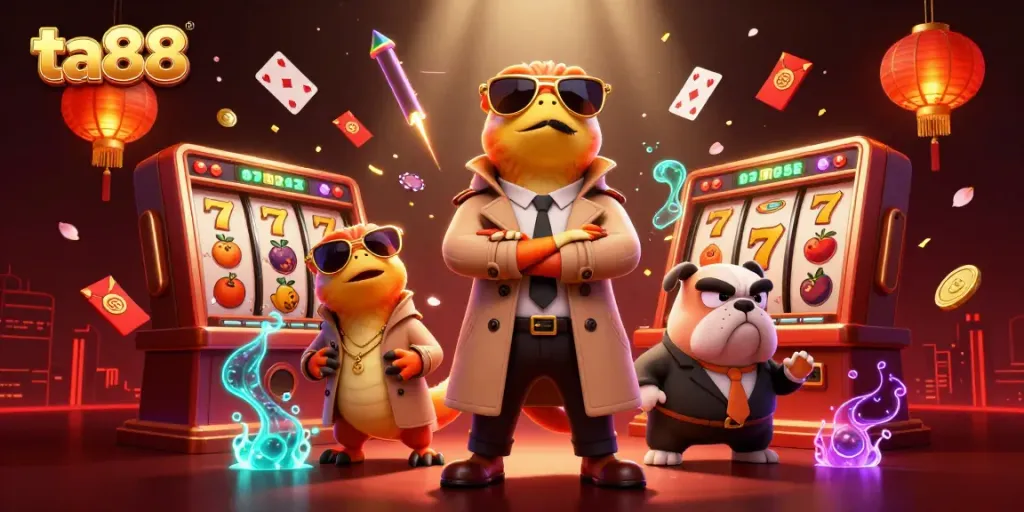 Experience thrilling gaming at ta88 with playful raptors and a bouncer in a vibrant casino scene.