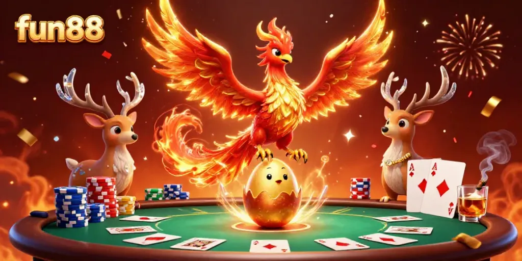 Engage with fun88's vibrant casino scene featuring a fire phoenix and poker elements.