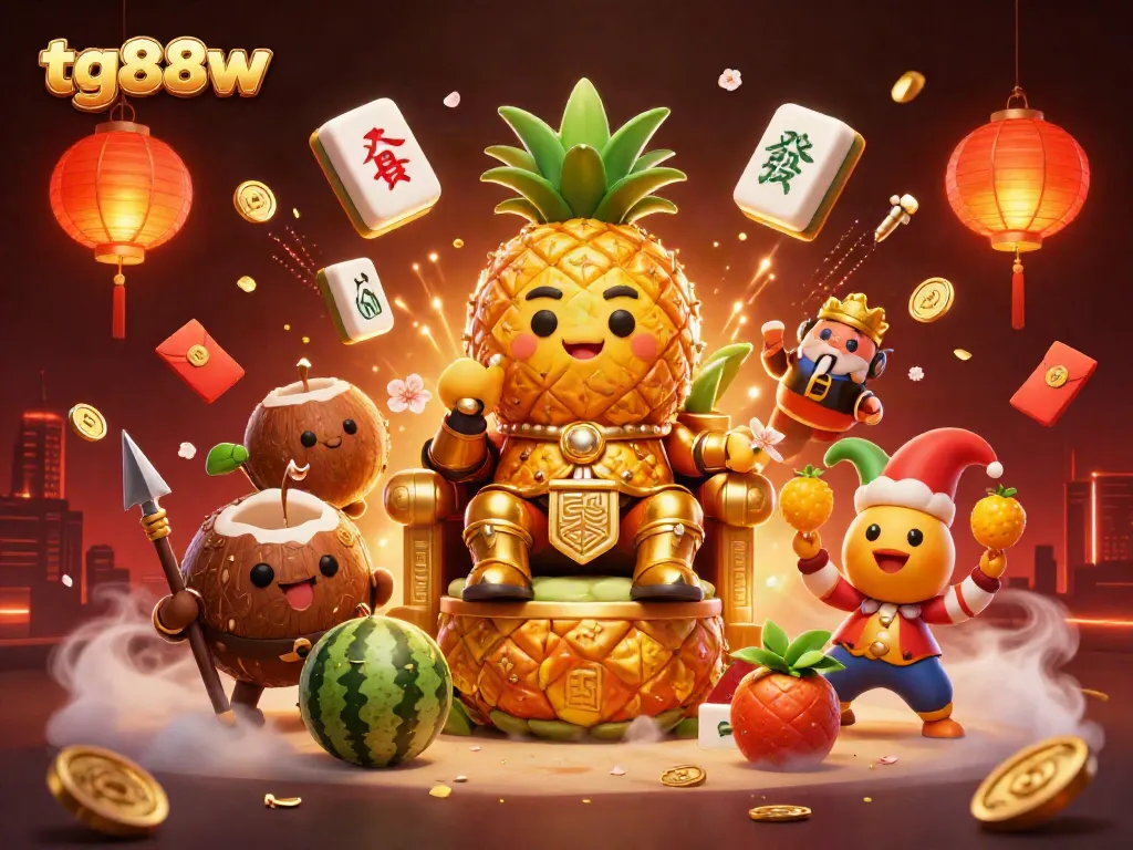 Engage with the thrilling vibe of tg88w casino featuring a vibrant scene with a golden pineapple king and dynamic gameplay elements.