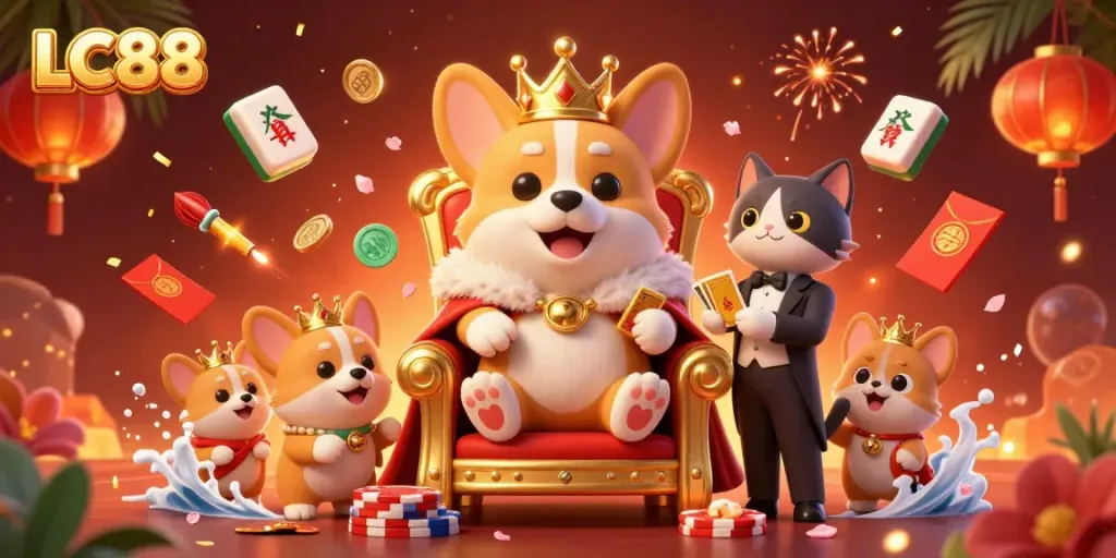 Experience the thrill of online casino play at LC88 with royal corgis and festive gambling symbols.