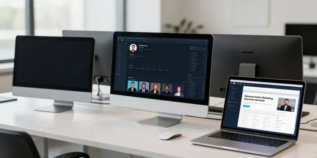 Discover YouTube influencers using digital platforms and analytics software in a modern workspace setting.