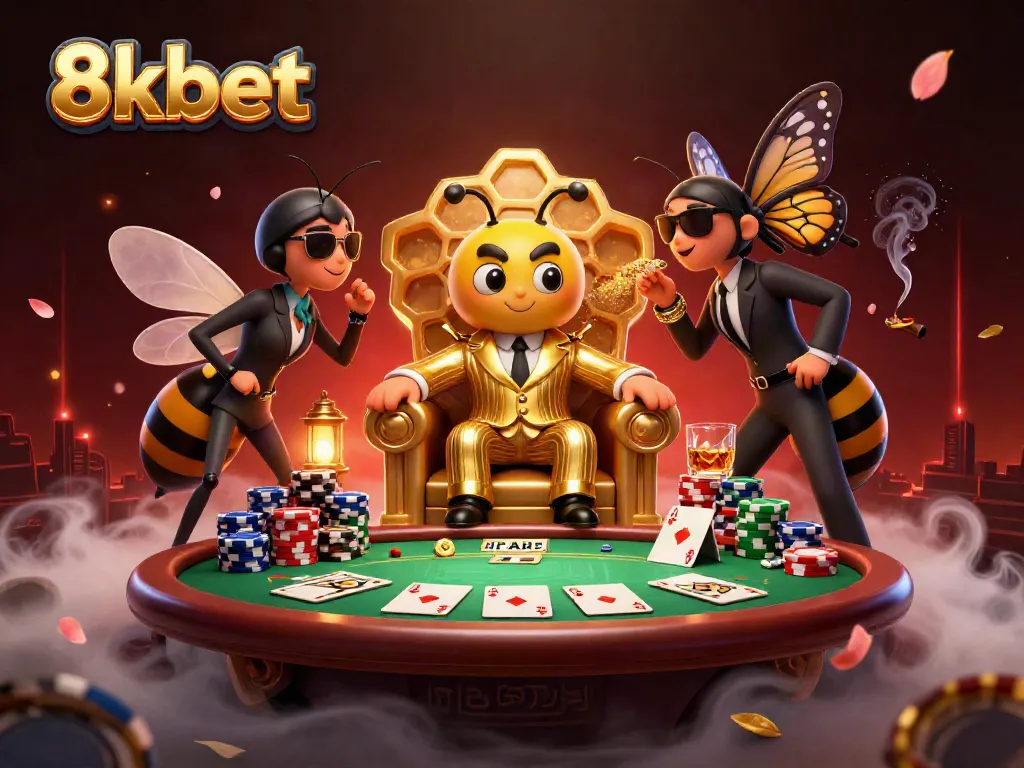 Experience the thrilling action at 8xbet with a vibrant cartoon illustration of a bee mob boss and gaming elements.