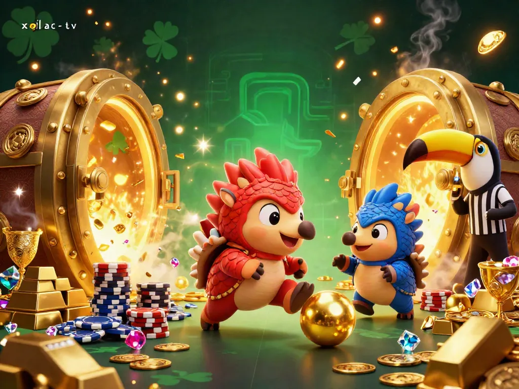Xoilac-tv showcases vibrant pangolins celebrating a casino win with gold treasures and poker chips.