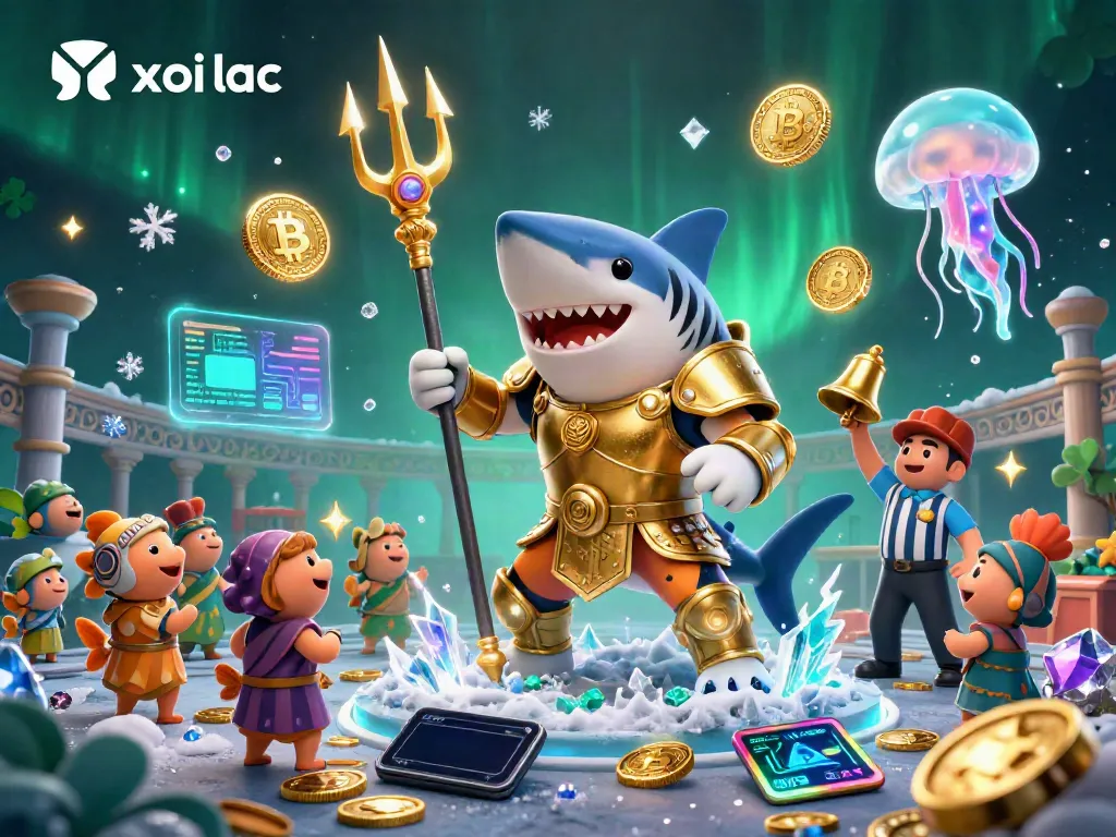 Xoi lac showcases epic underwater action featuring a cartoon shark in gladiator armor triumphantly amidst cheering fish.