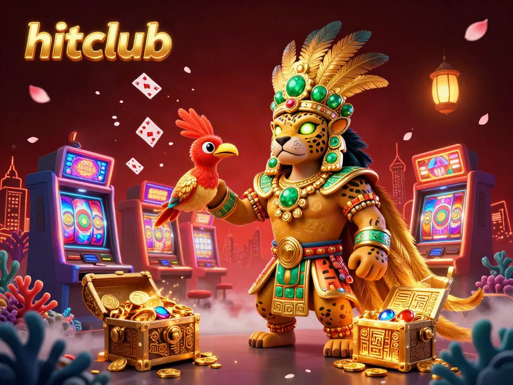 Experience excitement with hitclub in this lively casino scene featuring vibrant symbols and characters.