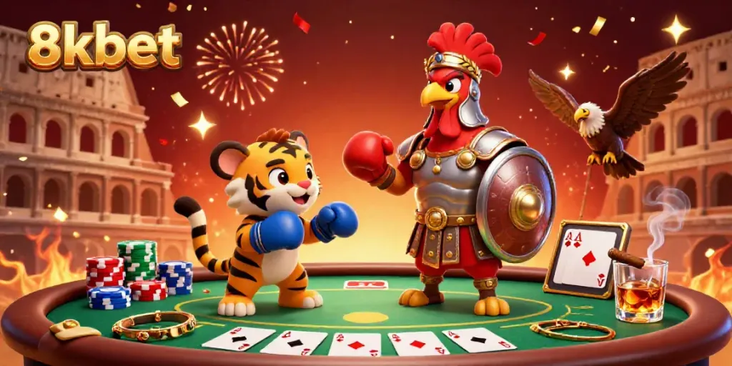 Experience thrilling poker action at 8xbet with an engaging gladiator rooster and vibrant casino elements.