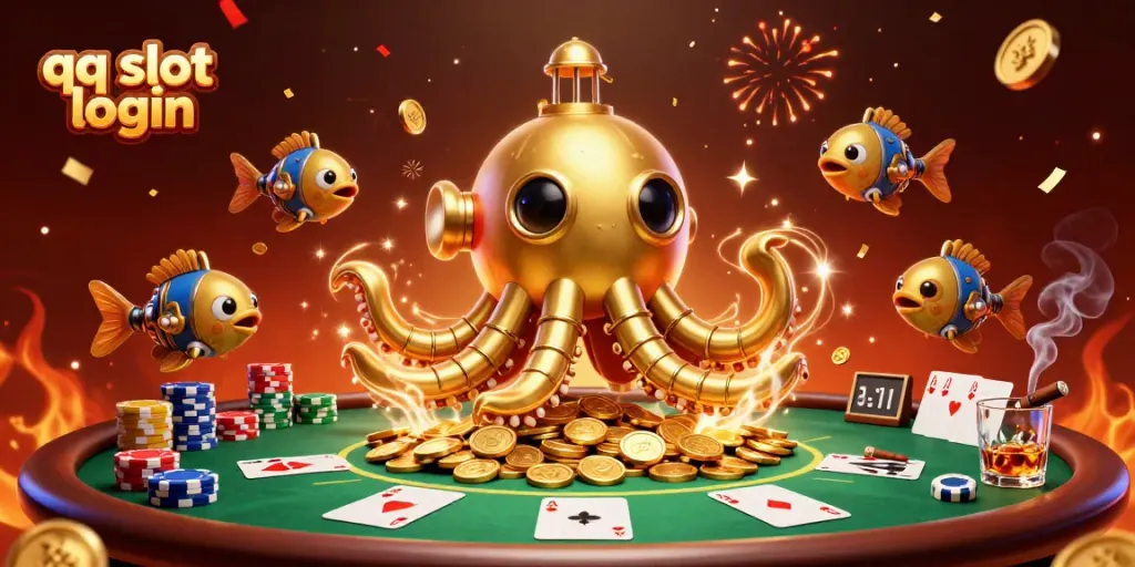 Join the excitement with qq slot login in a vibrant casino scene featuring golden kraken submarine and poker elements.