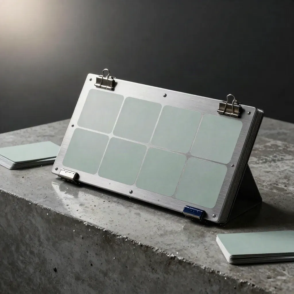 Brushed aluminium planning grid on concrete with clips, cards, and dawn mist.